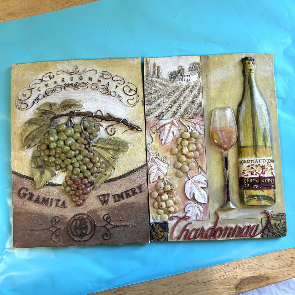 SKU 2080 Vintage Set of 2 Granita Winery Chardonnay Wine Plaques 3-D Grapes